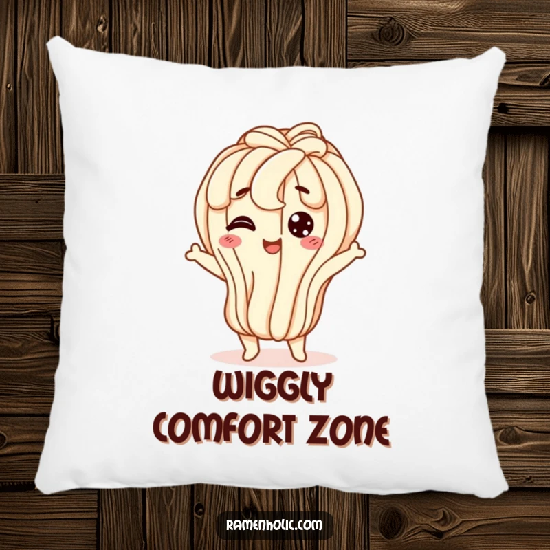 Funny udon noodle pillow, a happy character doing a wiggly jiggle, offering comfort and delightful food-themed humor.