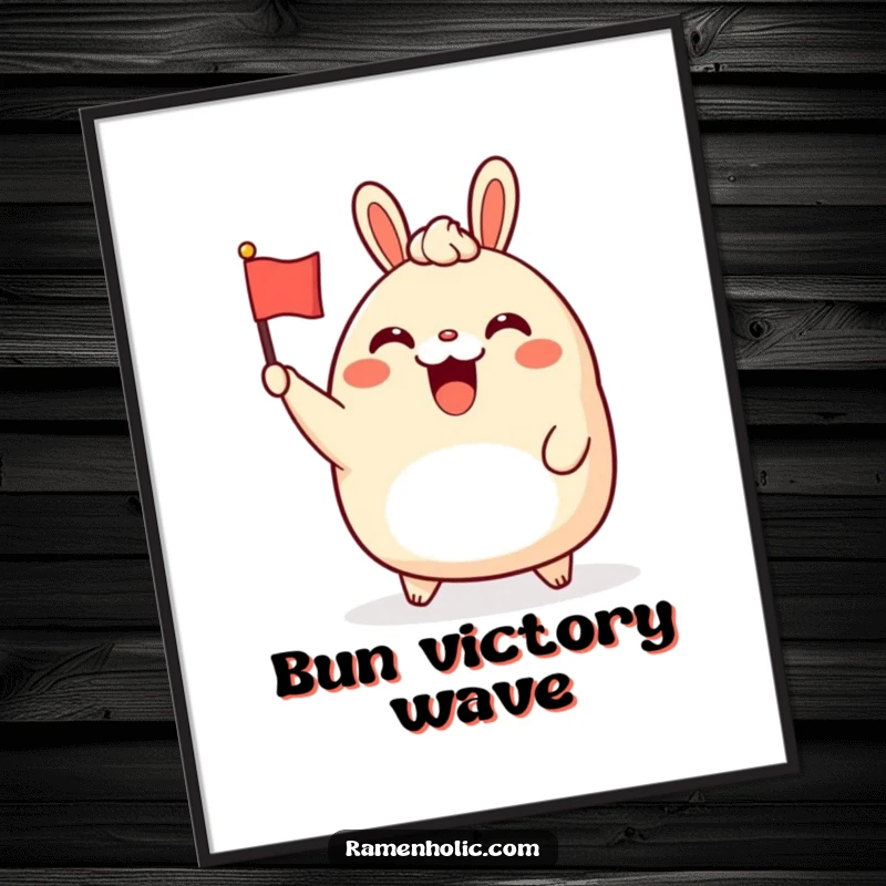 Funny bao bun character digital art print, cheerfully waving a tiny flag, ready to bring a playful vibe.