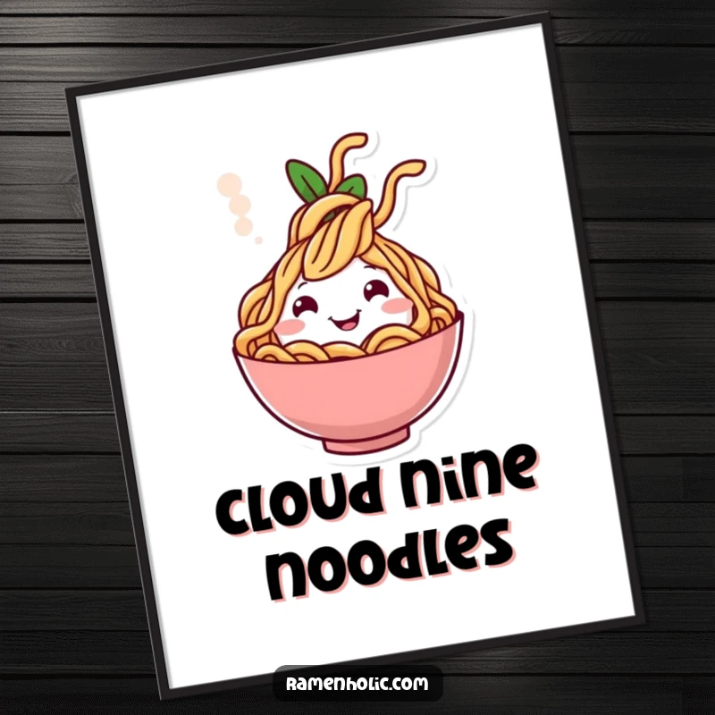 Funny digital art print of a cheerful noodle character happily popping from steam, ready to download and display.