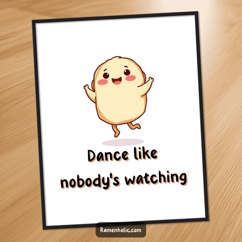 Funny Digital Art Print: A gyoza character with little legs performs a joyful twirl, full of dancing personality.