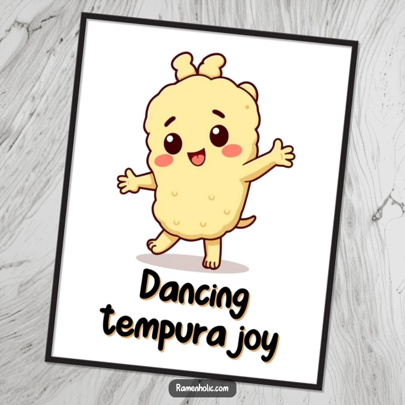 Funny Tempura Digital Art: A cheerful tempura character dancing playfully, offering a downloadable piece of instant joy and humor.