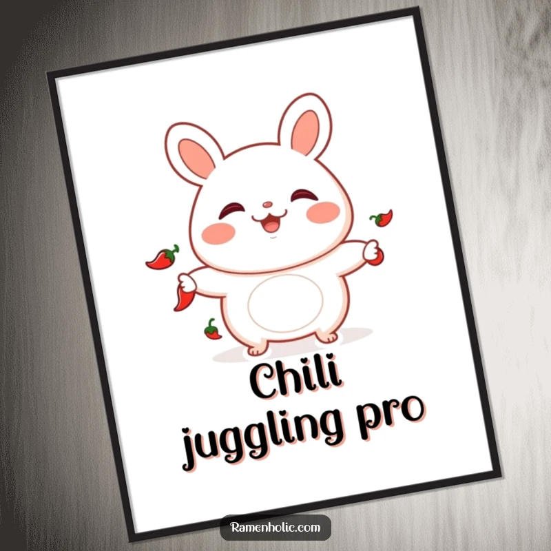 Funny digital art print of a playful bao bun juggling chili peppers, ready to download and display.