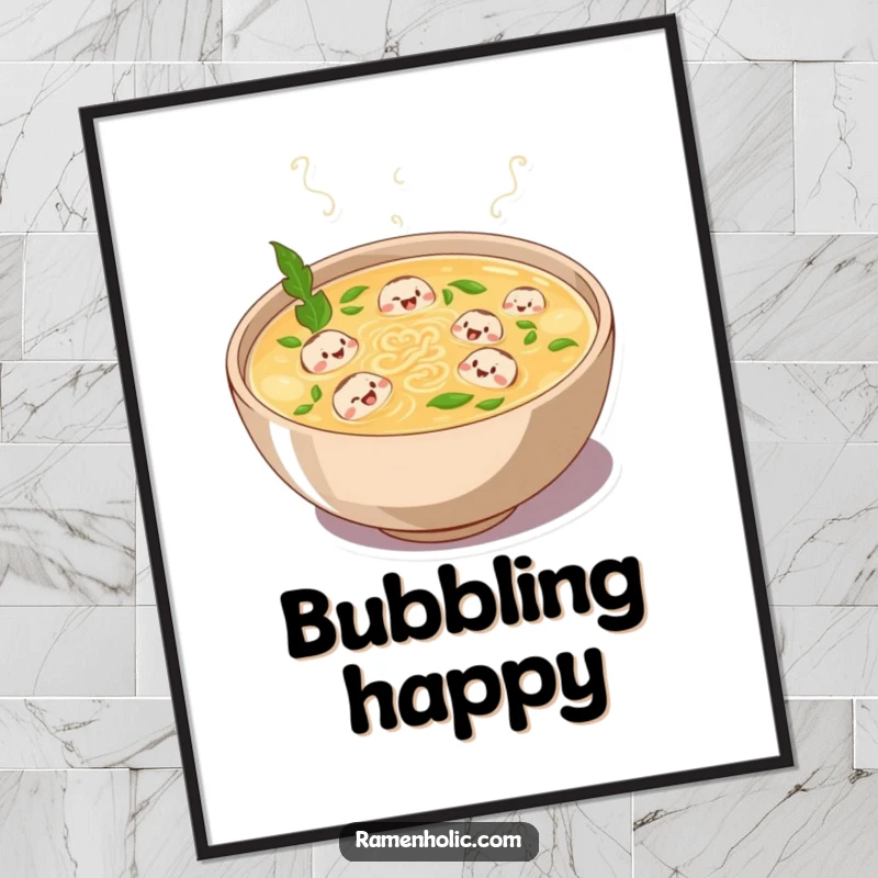 Funny digital art print of a plump bowl of broth bubbling with laughter and tiny swimming noodle characters, capturing animated soup joy.
