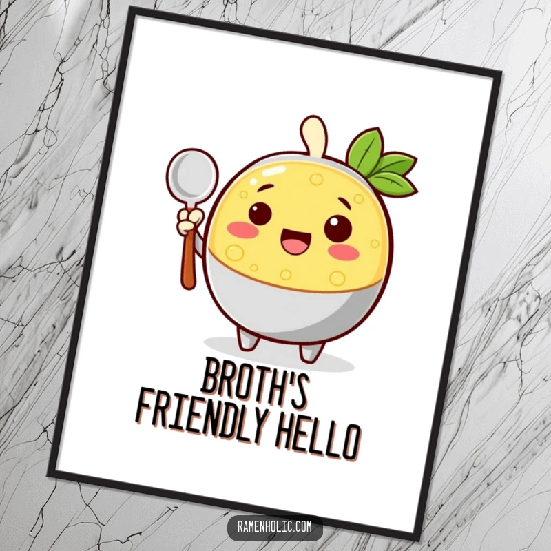 Funny cheerful broth character waving with a ladle, available as a downloadable digital art print for warm and humorous decor.