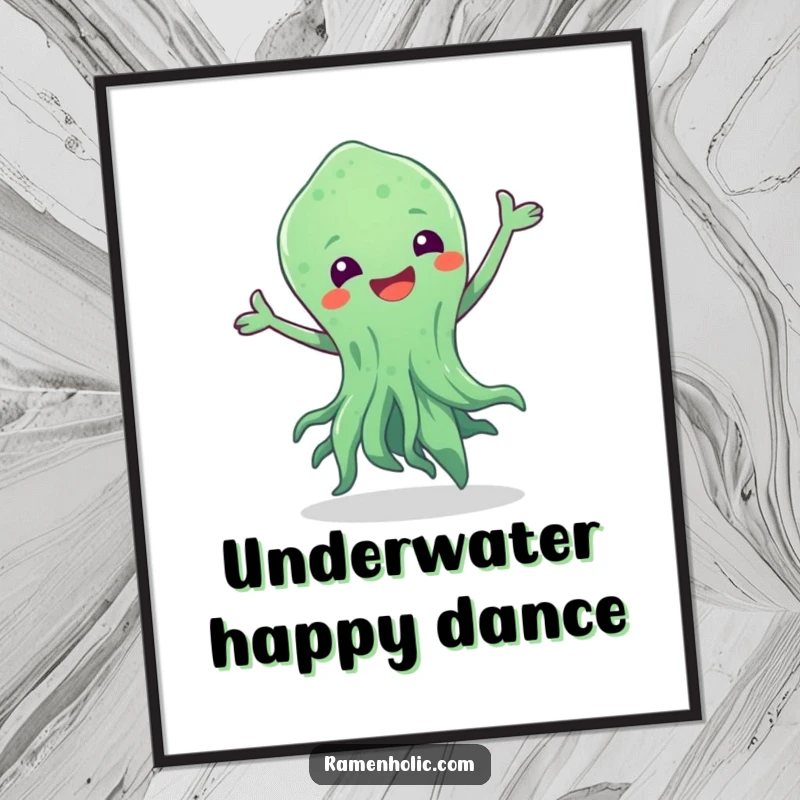 Funny digital art print of a seaweed character mid-dance, bringing animated aquatic fun and a humorous touch to digital displays.
