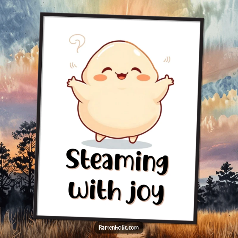 Funny digital art print of a plump dumpling character doing a happy jig with steam rising, capturing animated food joy.