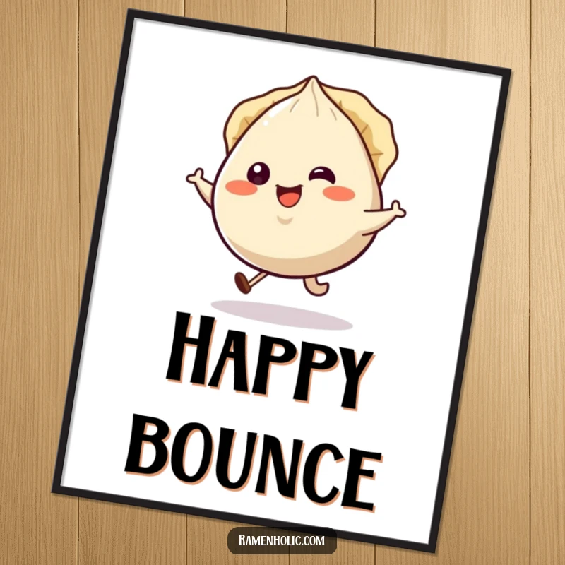 Funny smiling gyoza character hopping happily, pleats jiggling, as high-resolution digital art.