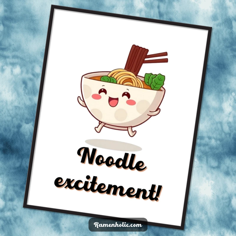 Funny ramen bowl with little stubby legs, happily hopping forward, as cute foodie digital art.