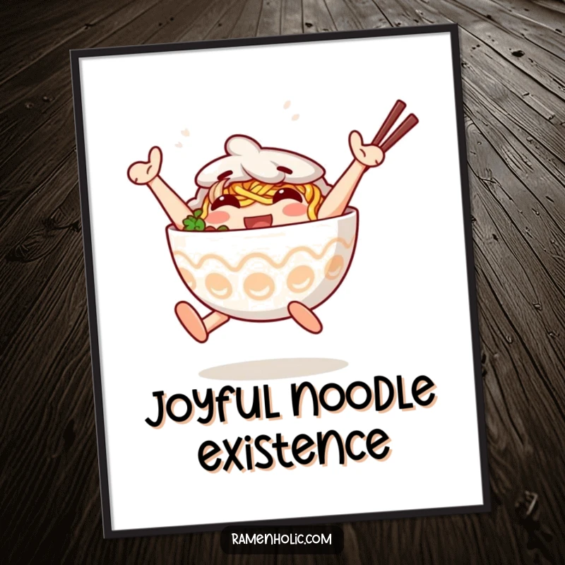 Funny Digital Art Print of an anthropomorphic ramen bowl character jumping happily. Instant funny gift.