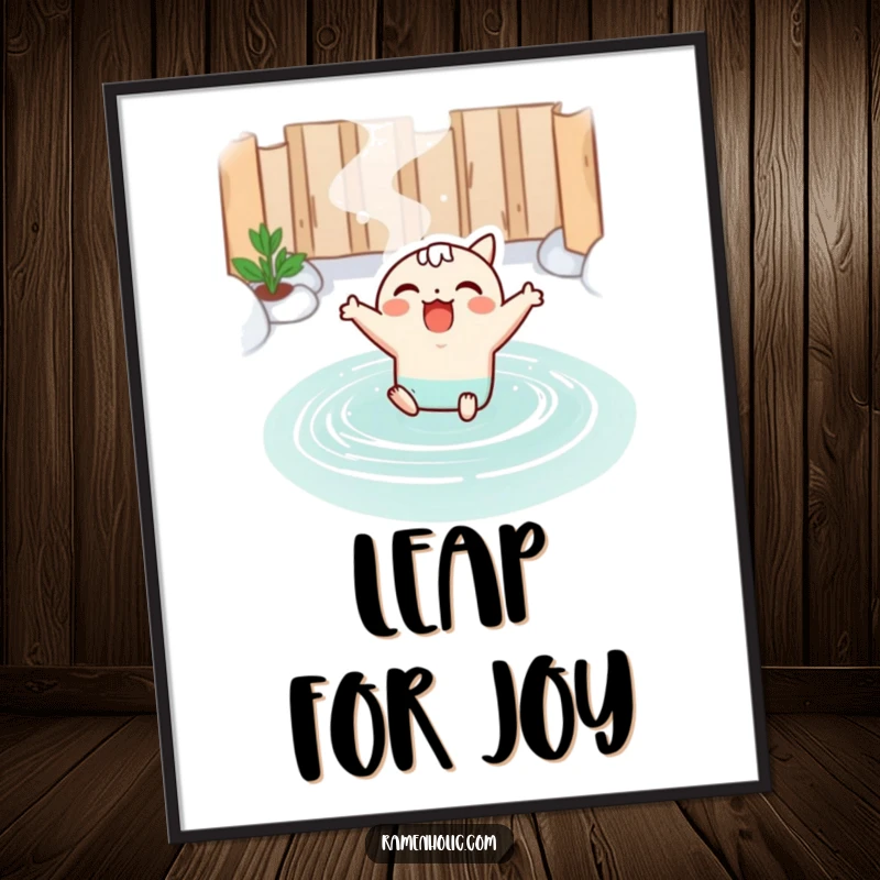 Funny digital art print of a kawaii miso soup character joyfully leaping into a hot spring, evoking feelings of peace and happiness.