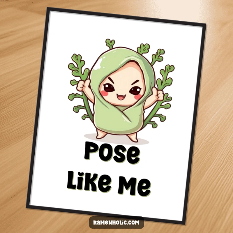 Funny digital art print of a kawaii seaweed wrap striking a dramatic pose with a smug smile, adding a bold and sassy touch.