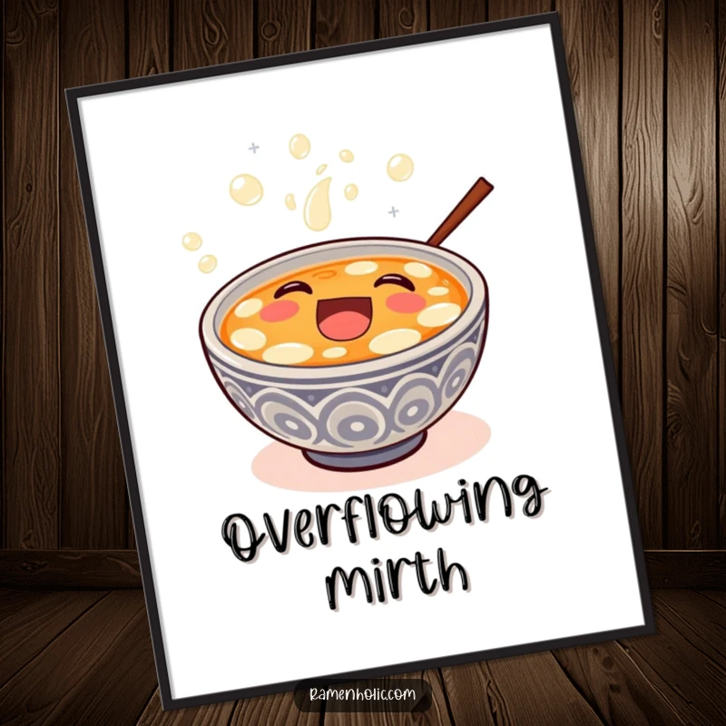Funny happy miso soup bowl overflowing with bubbly laughter, as high-resolution digital art.