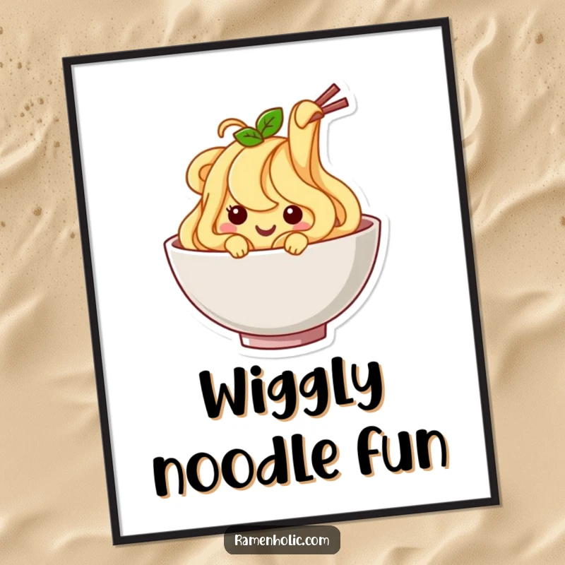Funny Noodle Digital Art: A happy noodle character wiggling joyfully, offering a downloadable piece of instant joy and humor.