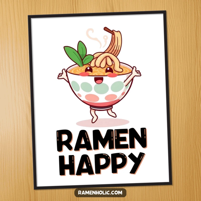 Funny digital art print of a cheerful ramen bowl character dancing, steam swirling, perfect for instant cozy and humorous decor.