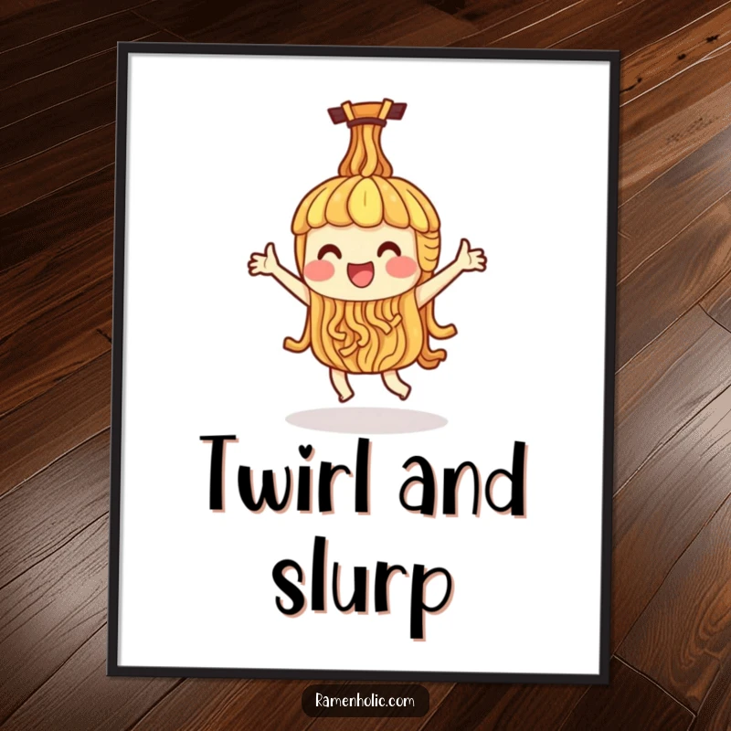 Funny digital art print of a single ramen noodle character doing a happy dance, bringing instant whimsy and humor.