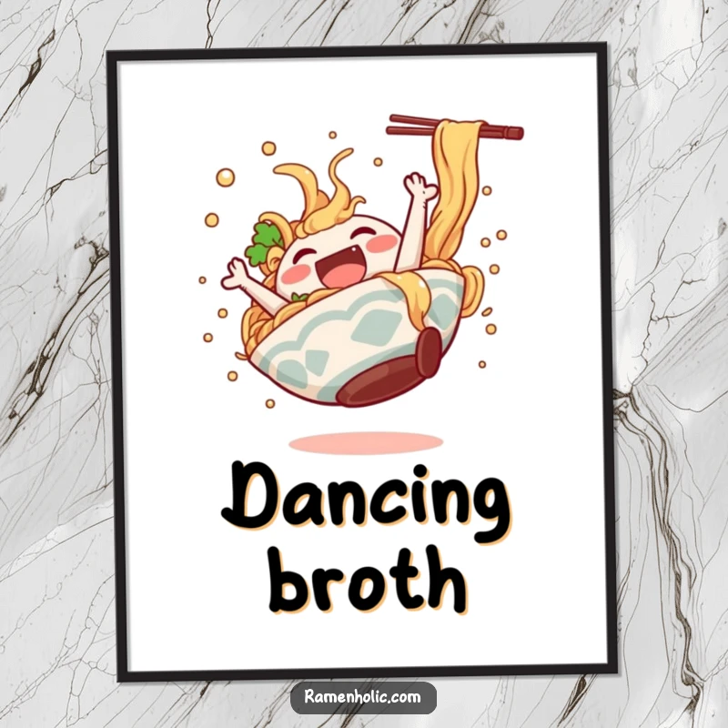 Funny ramen bowl character doing a happy somersault, broth splashing, available as a high-resolution digital art print.
