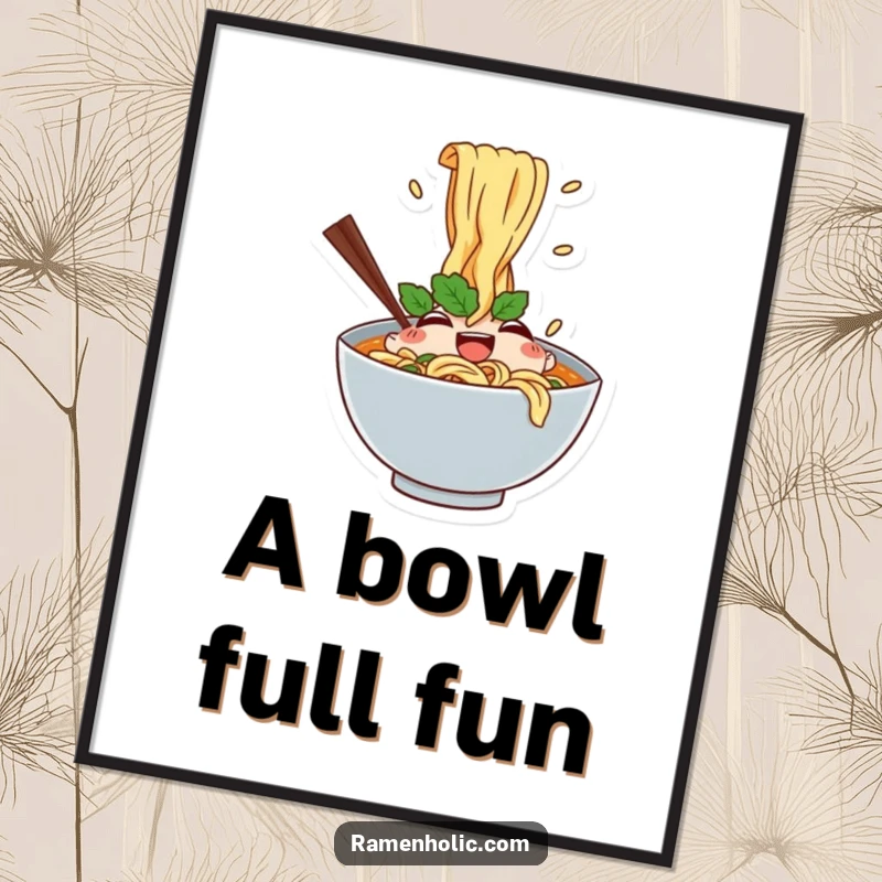 Funny digital art print of a happy ramen bowl character with noodles splashing exuberantly, celebrating the joy of food.