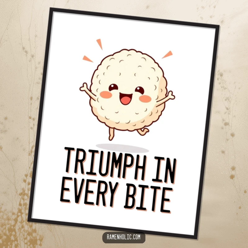 Funny rice ball digital art print, a cheerful character doing a celebratory hop, ideal for instant joyful wall decoration.