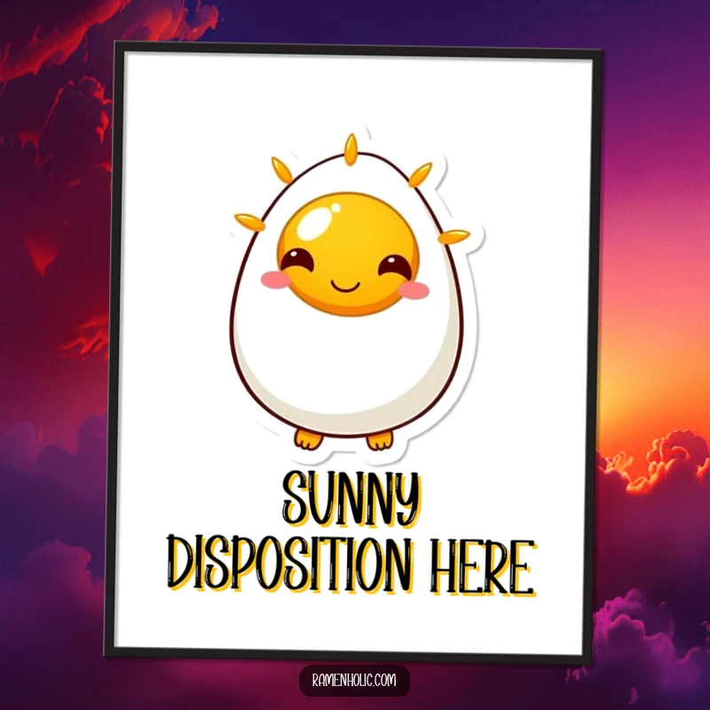 Funny digital art print of a beaming sunny side up egg character, delivering instant cheer and a dose of humor to any digital display.