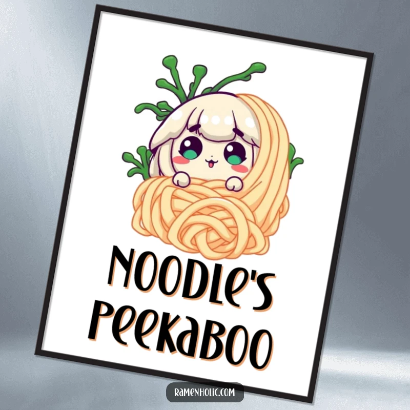 Funny surprised seaweed peeking from behind a giant noodle, available as a downloadable digital art print for humorous home decor.
