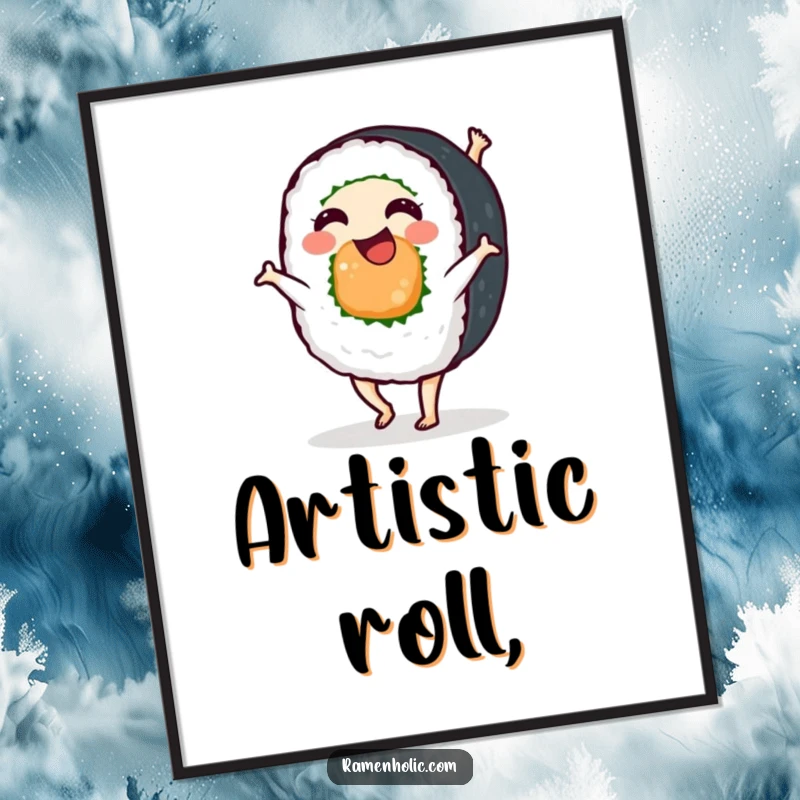 Funny sushi roll doing a cartwheel, high-resolution digital art print, perfect for instant humorous home decor and wall art.