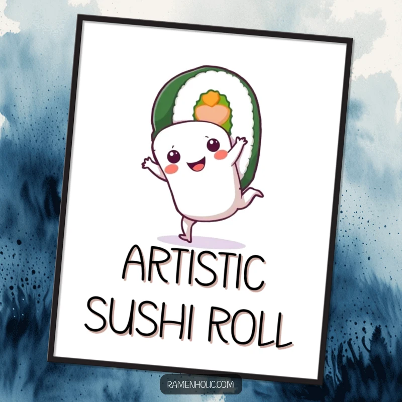 Funny Sushi Roll Digital Art: A smiling sushi character performing a cartwheel, offering a downloadable piece of joy and humor.