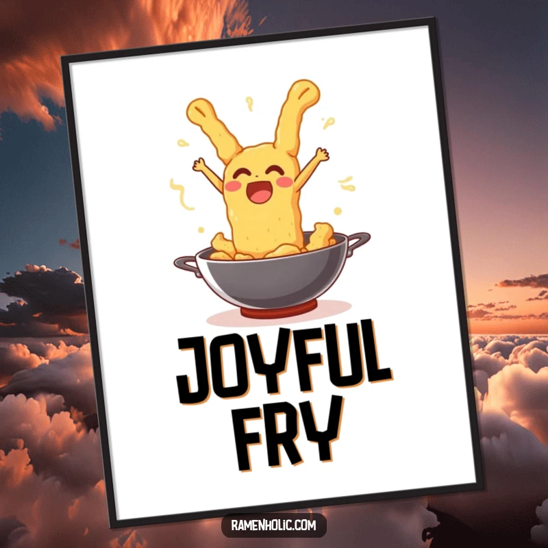 Funny tempura piece joyfully leaping out of a wok with a surprised expression, as digital art.