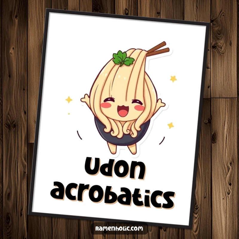 Funny Udon Flip Digital Art Print of a happy udon noodle character energetically flipping, perfect for immediate joyful decor.