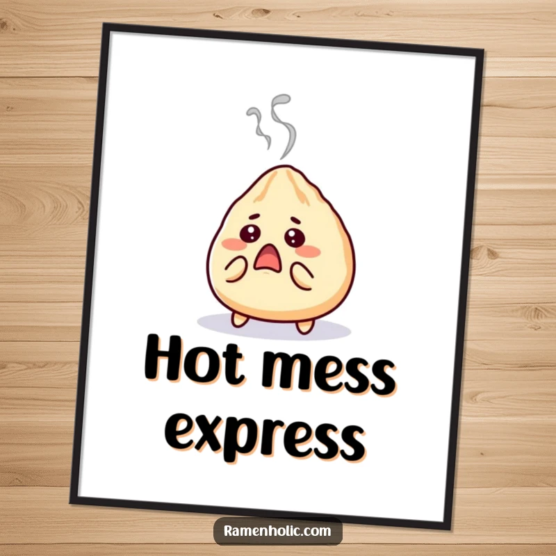 Funny gyoza digital art print, a surprised character with steam puffing out, looking shocked, ideal for instant humorous wall decoration.