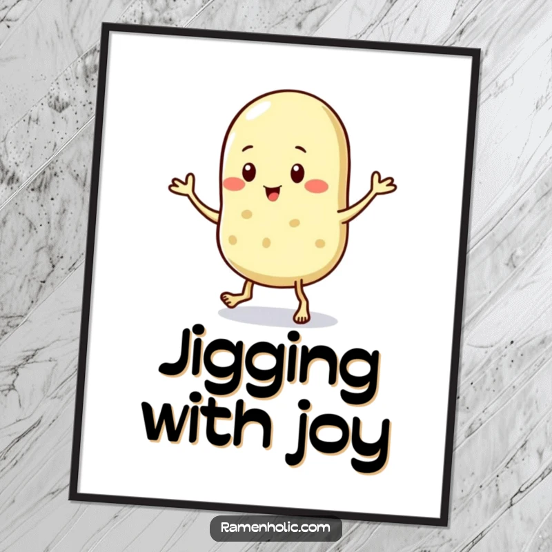 Funny digital art print of a sesame seed character doing a lively jig, bringing instant tiny dance fun and a humorous touch.