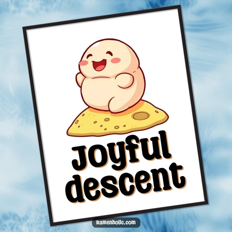 Funny digital art print of a smiling dumpling rolling down a hill with delight, ready to download and display.