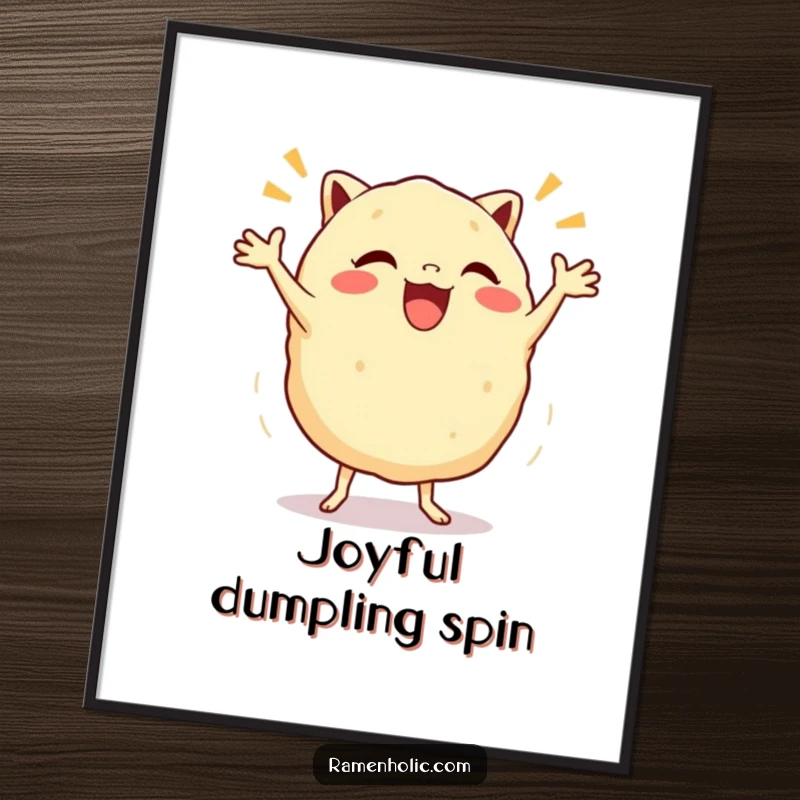 Funny Gyoza Jig Digital Art Print of an ecstatic dumpling character performing a lively dance, perfect for immediate joyful decor.