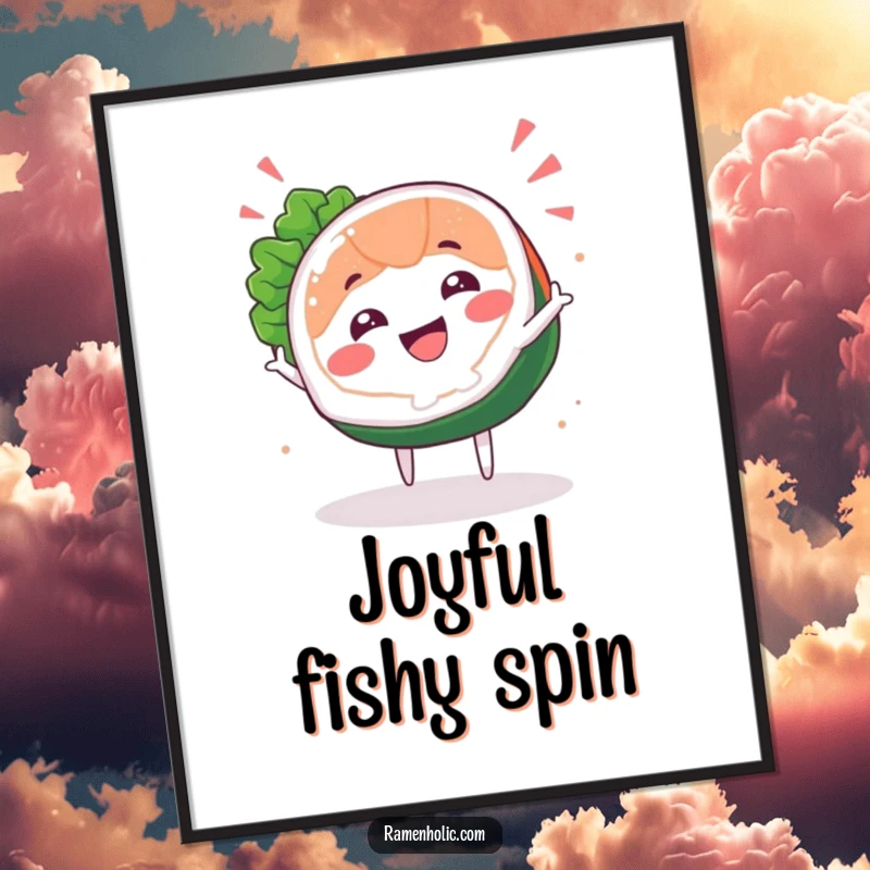 Funny Sashimi Spin Digital Art Print of a happy sashimi slice character energetically spinning, perfect for immediate joyful decor.