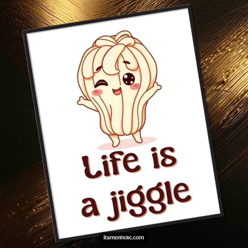 Funny udon noodle digital art print, a happy character doing a wiggly jiggle, ideal for instant joyful wall decoration.