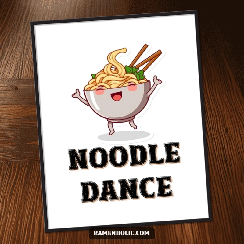 Funny digital art print of a smiling bowl of noodles dancing with chopsticks as arms, capturing animated food joy and movement.