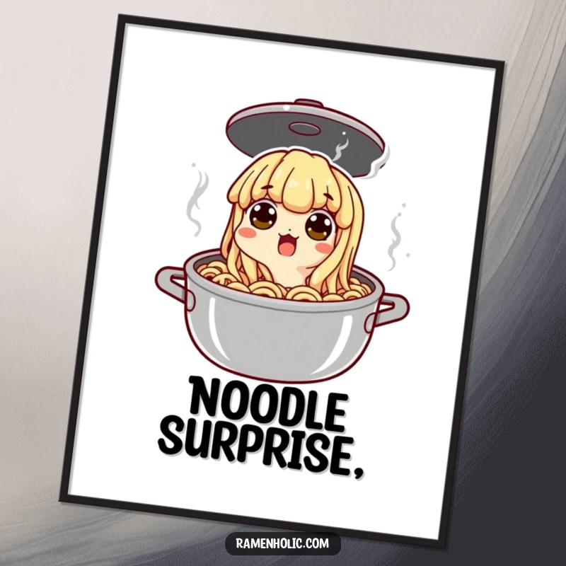 Funny noodle character peeking out of a boiling pot with wide eyes, high-resolution digital art print for humorous kitchen decor.