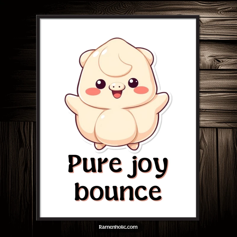 Funny digital art print of a bouncing dumpling character with a wide, cheerful grin, ready for instant download and decor.