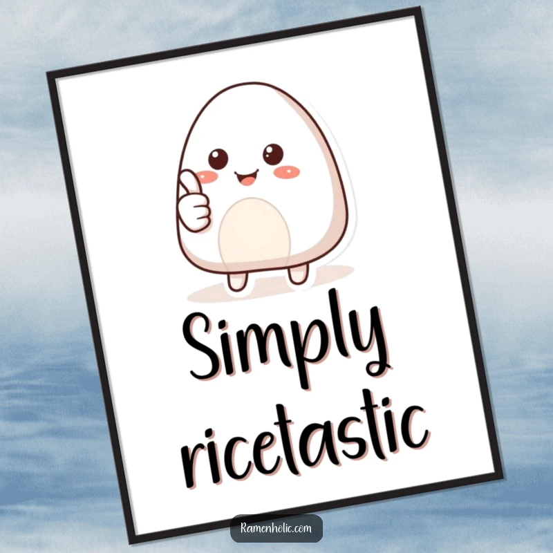 Funny digital art print of a smiling onigiri character giving a confident thumbs up, radiating positivity and delicious appeal.