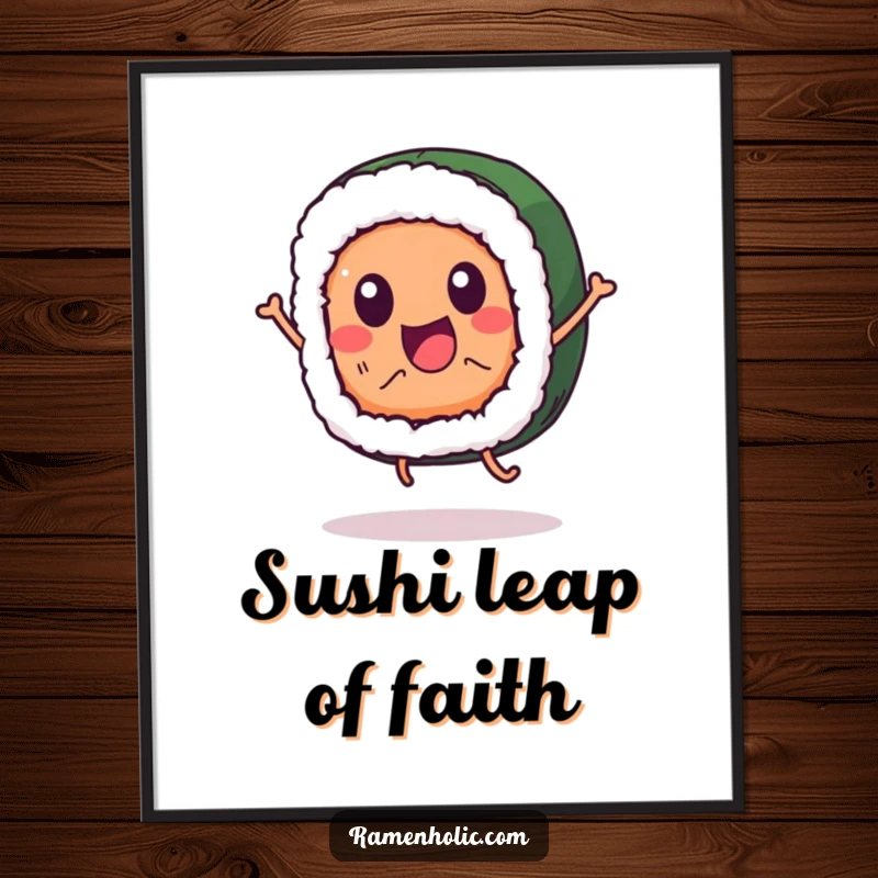 Funny sushi roll character digital art print, jumping happily, ready to bring a playful vibe to any space.