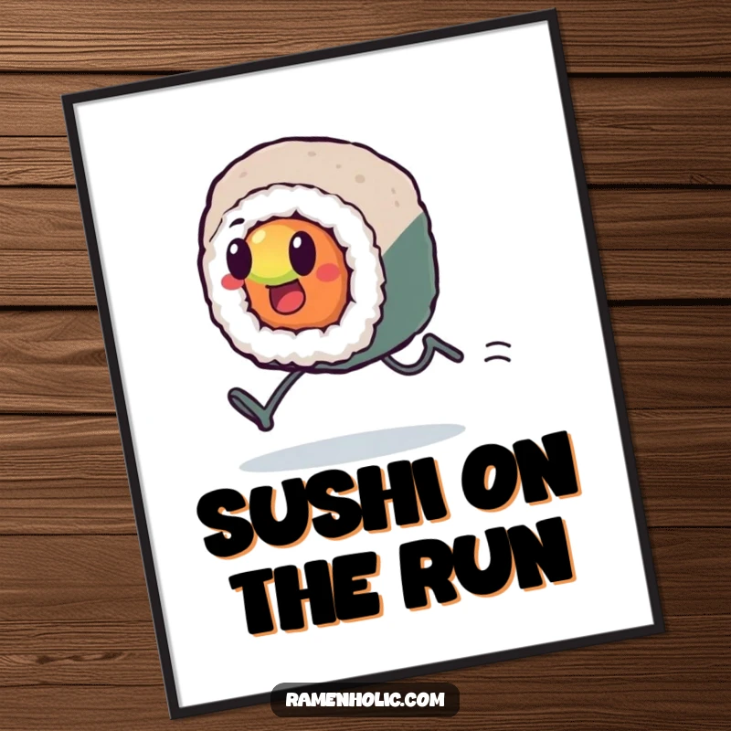 Funny Kawaii sushi roll with tiny legs, sprinting with great effort, high-resolution art, humorous motivational theme, ideal funny gift.
