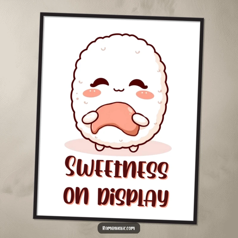 Funny Kawaii Rice Ball Digital Art Print of a blushing character receiving a sweet treat, instant download gift.