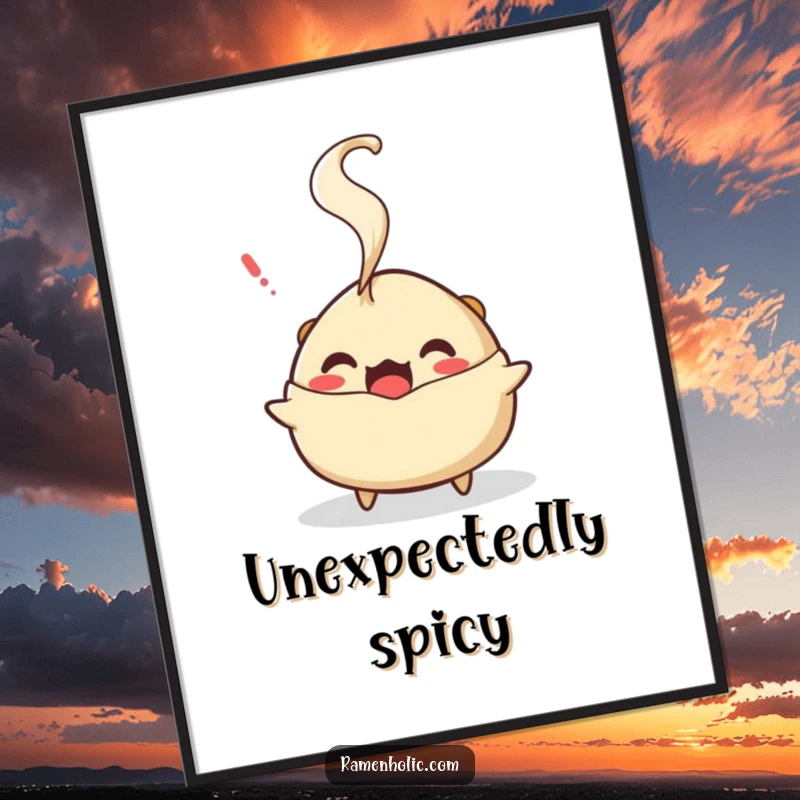 Funny gyoza steam digital art print, a downloadable file featuring a surprised character with steam, ideal for humorous decor.