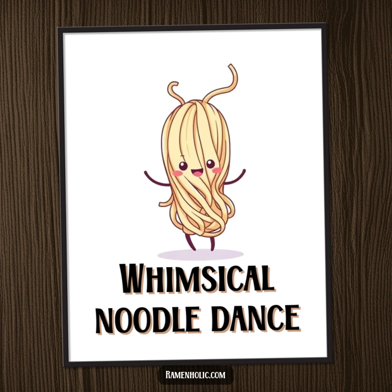 Funny Kawaii noodle strand doing a whimsical dance, with a happy swirl, high-resolution art, playful food illustration, ideal funny gift.