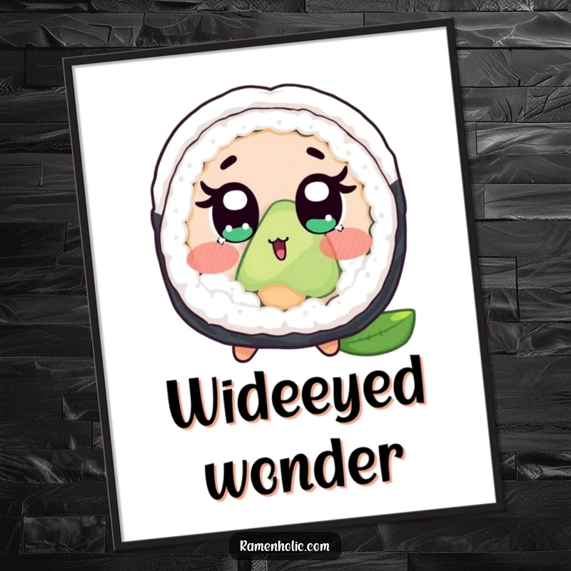 Funny digital art print of a surprised sushi roll with wide eyes and blush, perfect for immediate download and humorous wall decor.