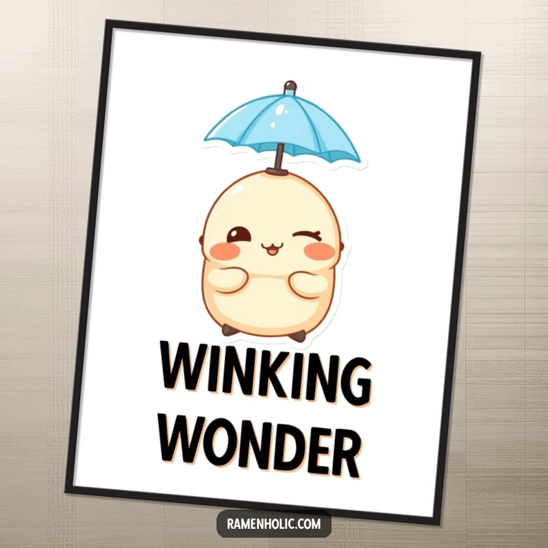 Funny cheeky dumpling winking while balancing a tiny umbrella on its head, as digital art.