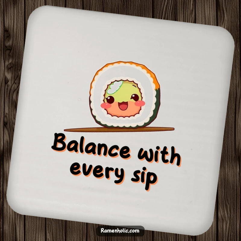 Funny sushi roll balancing on a chopstick, featured on a drink coaster to add humor to any table setting.