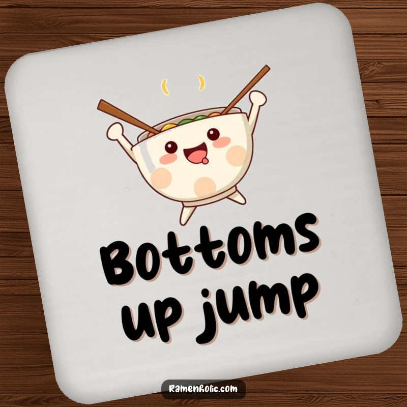 Funny Kawaii ramen bowl with chopsticks as arms, jumping joyfully, protecting a surface, vibrant and cute, excellent funny gift.