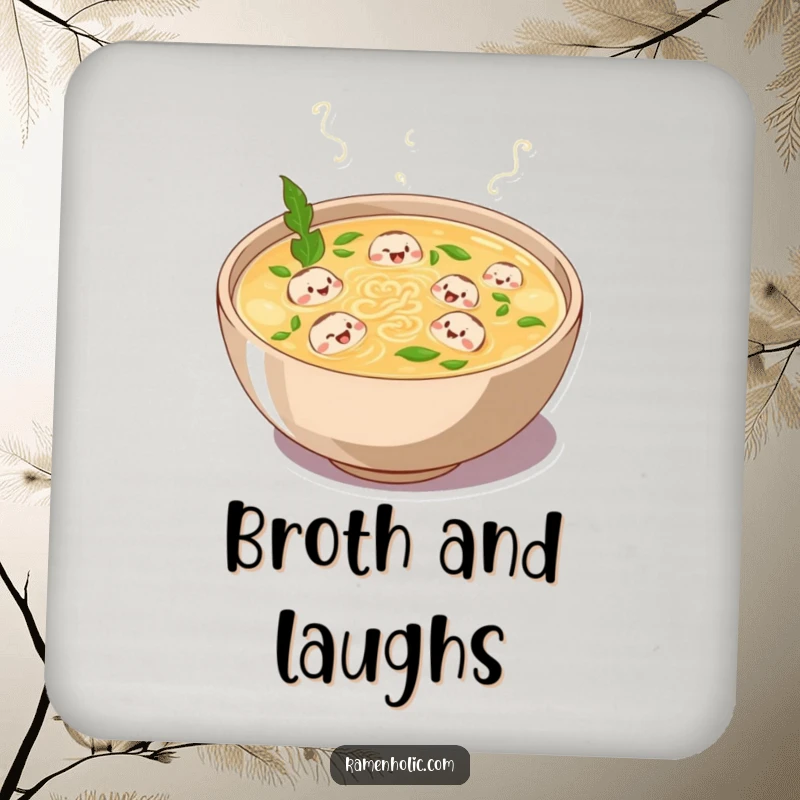 Funny coaster set featuring a plump bowl of broth bubbling with laughter and tiny noodle characters swimming, adding cartoon charm.