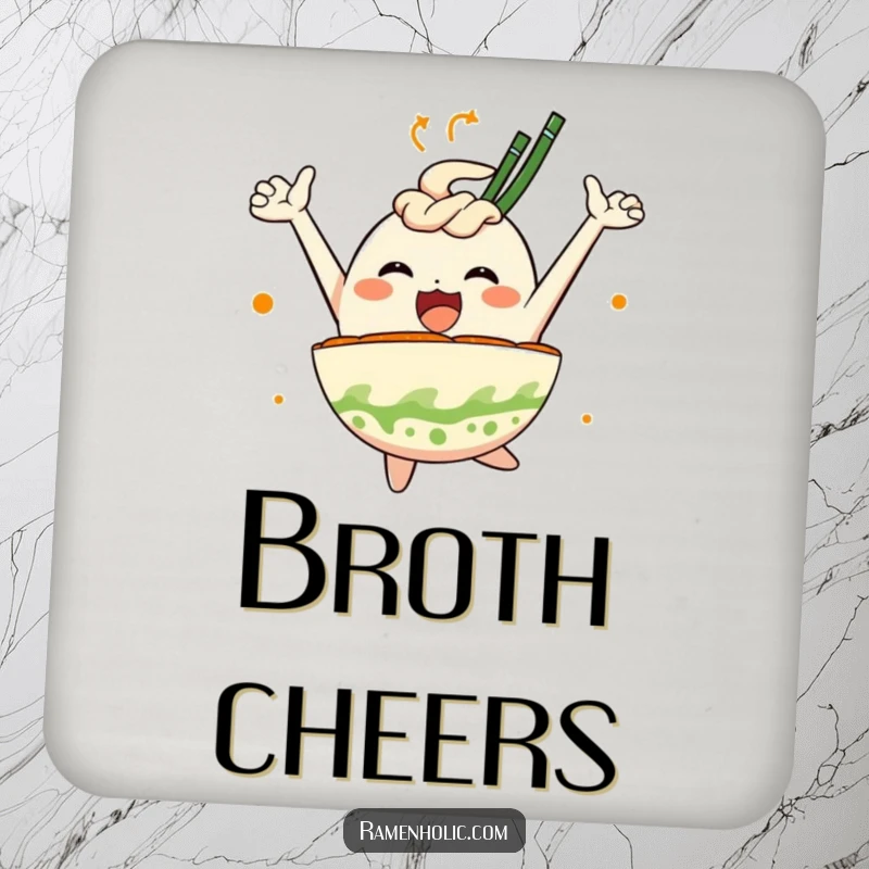 Funny drink coaster featuring a leaping ramen bowl character, full of joy, perfect for adding a humorous touch to drink service.
