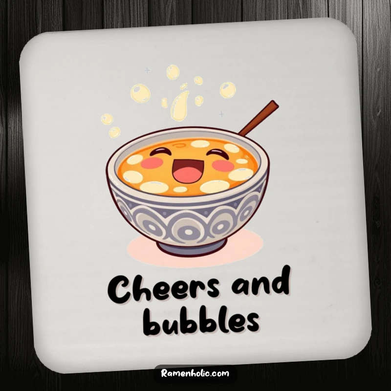 Funny happy miso soup bowl overflowing with bubbly laughter, on a decorative drink coaster.